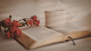 فنجان قهوه، کتاب، گل رز ،بخار